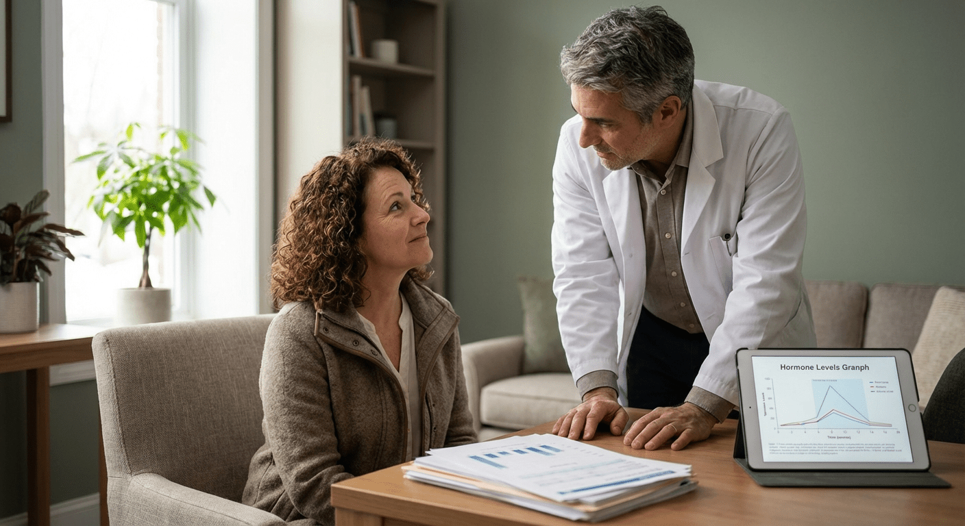 A physician consults with a female patient about hormone replacement therapy for low libido at Lite Medical's Eden Prairie clinic, providing physician-led women's health care.