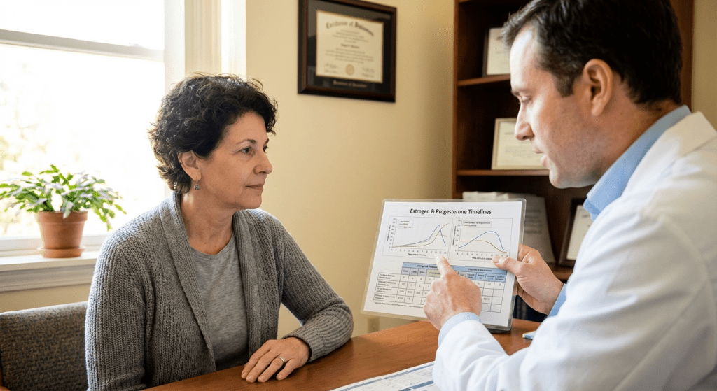 A physician consults with a female patient about hormone replacement therapy timelines and expectations at Lite Medical’s Eden Prairie clinic, providing physician-led HRT care.