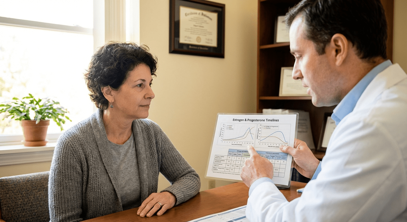 HRT Timeline for Women at Eden Prairie Clinic — Lite Medical A physician consults with a female patient about hormone replacement therapy timelines and expectations at Lite Medical's Eden Prairie clinic, providing physician-led HRT care.