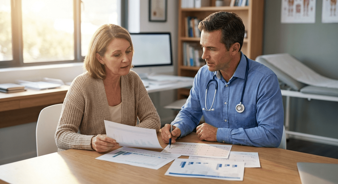 HRT Weight Gain Consultation at Blaine Clinic β Lite Medical A physician discusses HRT and weight management with a female patient at Lite Medical's Blaine clinic, providing personalized physician-led care for women managing menopause.