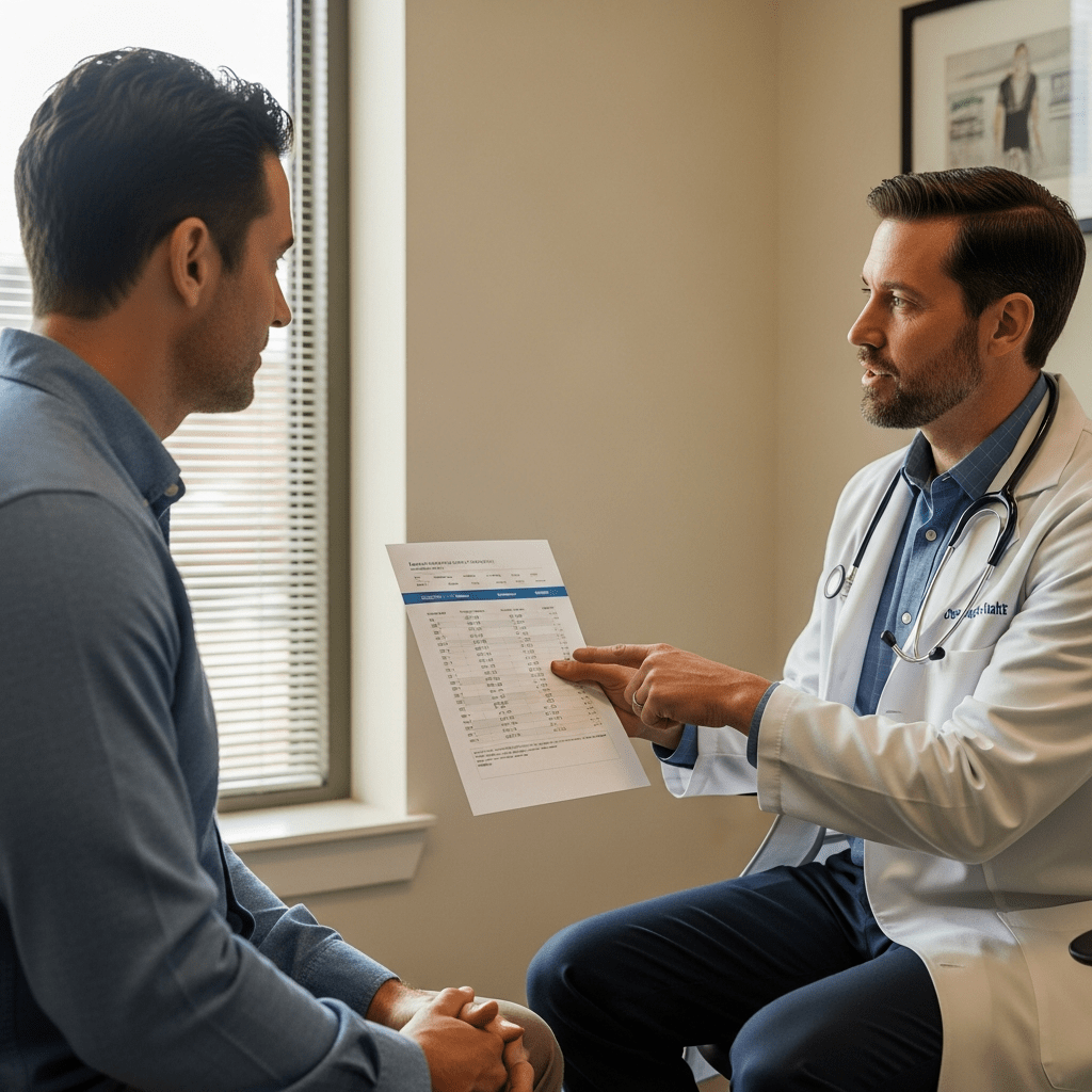A physician discusses low testosterone and depression with a patient at Lite Medical's Minneapolis clinic, offering physician-led care for addressing hormonal imbalances.