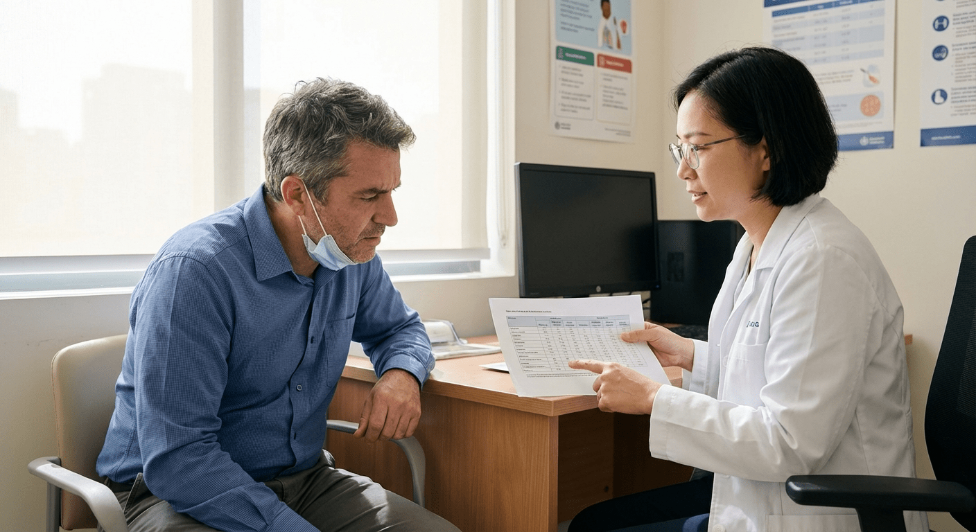 A physician reviews hormone lab results with a male patient at Lite Medical's Edina clinic, discussing the connection between low testosterone and mood disorders including depression and anxiety.