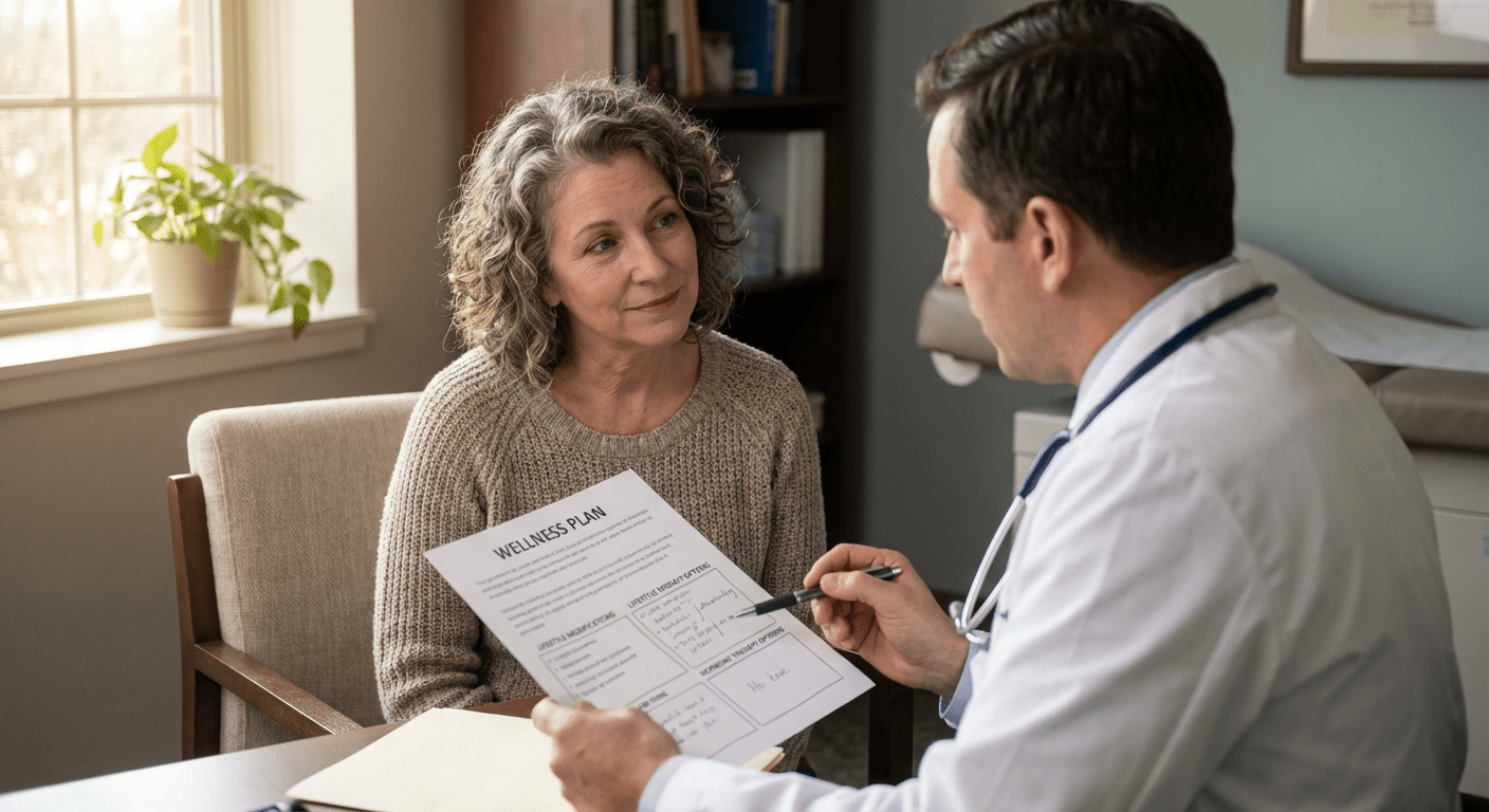A physician consults with a patient about managing menopause symptoms without antidepressants at Lite Medical's Richfield clinic, providing personalized care and alternative therapy options.