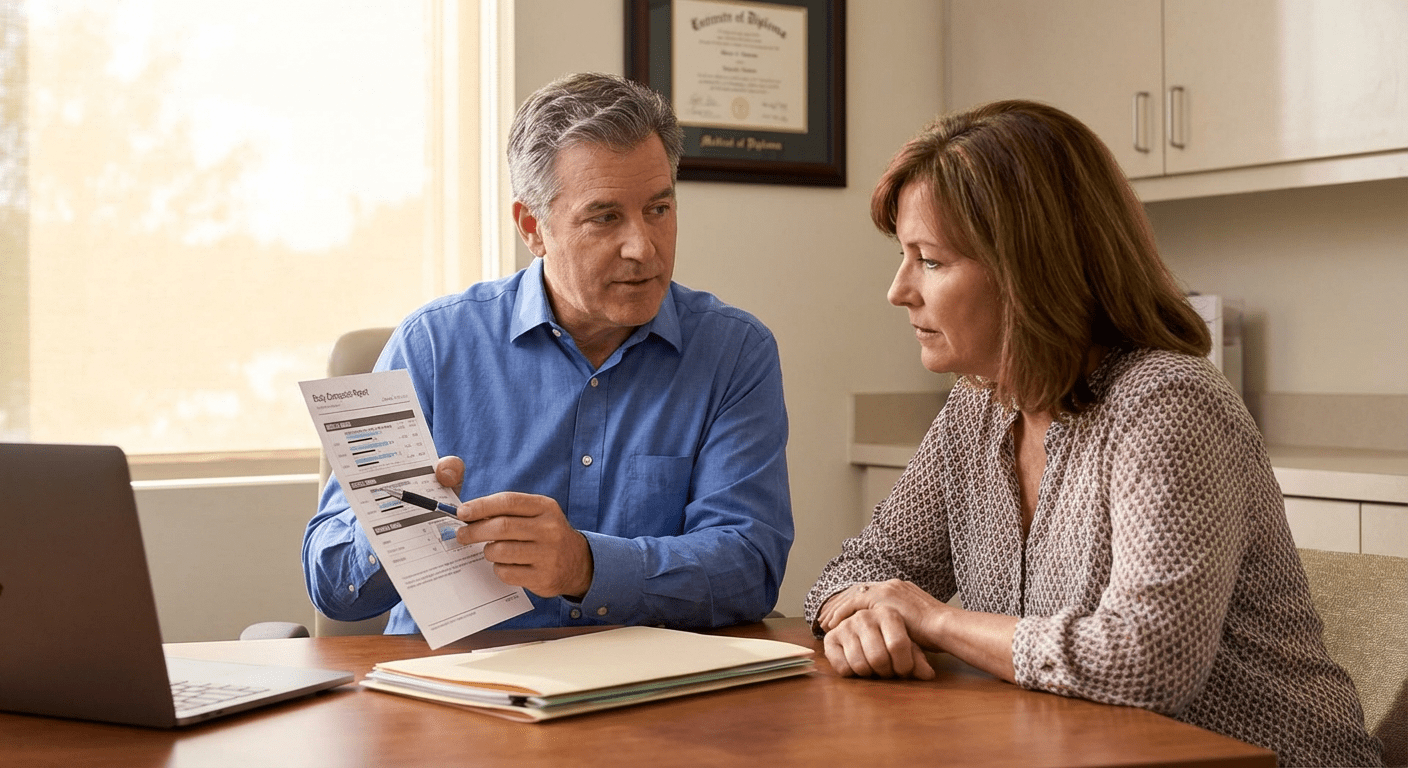 A physician discusses the muscle-centric approach to menopause and testosterone therapy with a female patient at Lite Medical's Edina clinic, providing physician-led hormone optimization care.