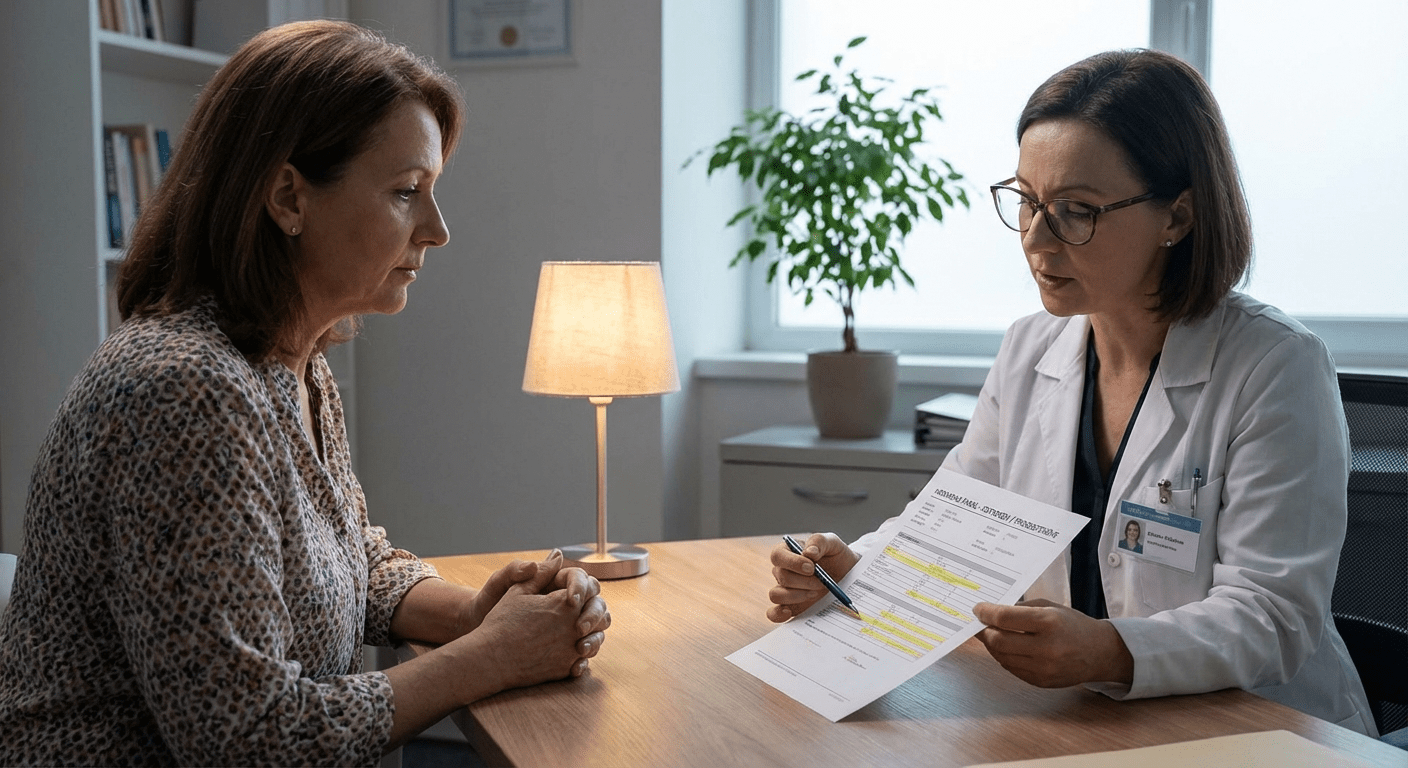 A female patient discussing night sweats and hormone decline with a physician at Lite Medical's Blaine clinic, receiving physician-led hormone evaluation and care.