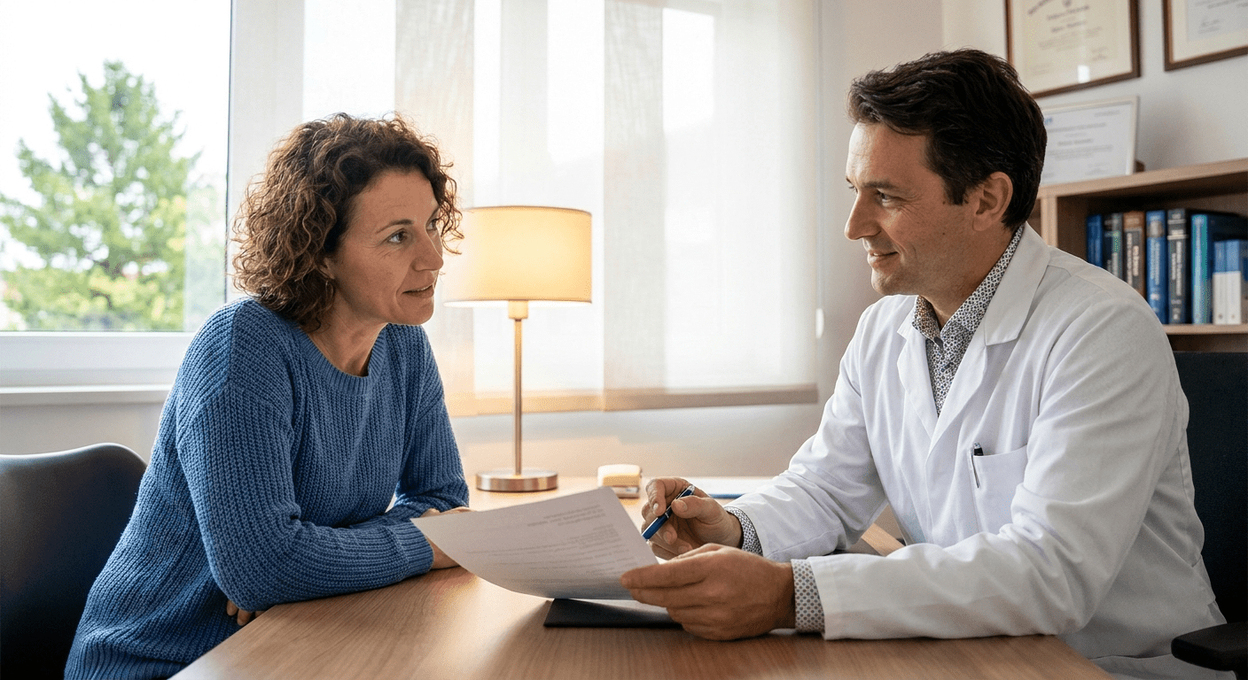 A physician consults with a patient about starting hormone replacement therapy at Lite Medical's Plymouth clinic, providing personalized physician-led care for HRT evaluation.