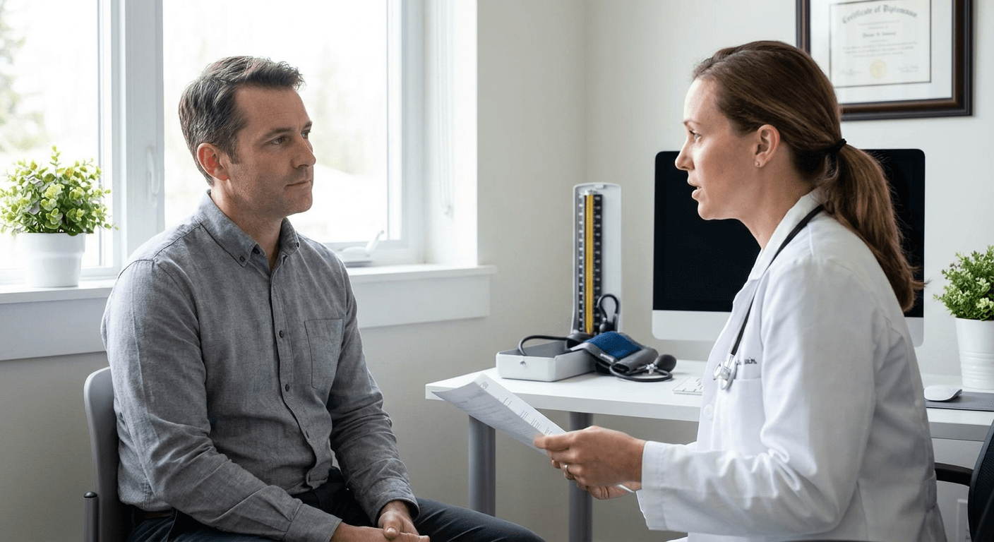 A physician consults with a male patient about low testosterone symptoms at Lite Medical's Maple Grove clinic, providing evidence-based physician-led men's hormone care.