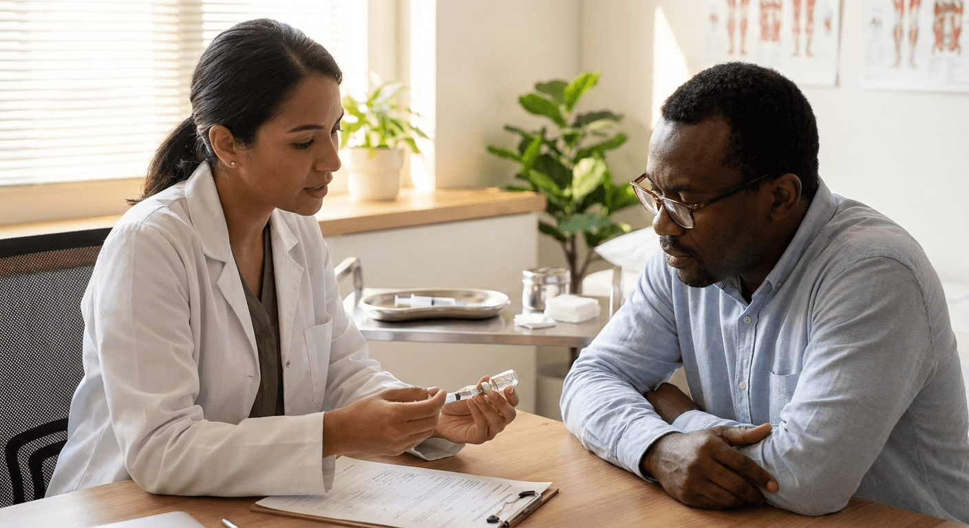 A physician at Lite Medical's Woodbury clinic administers B12 and MIC fat burner shots to a patient, providing energy-boosting solutions for those experiencing fatigue on Tirzepatide.