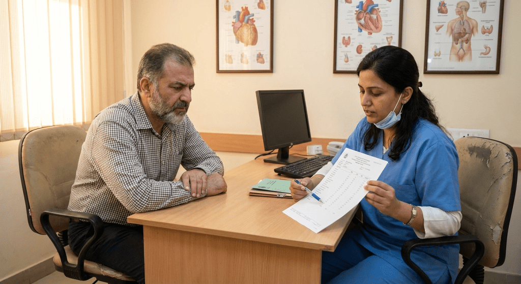 A physician consults with a male patient about TRT and cardiovascular health at Lite Medical's Blaine clinic, providing evidence-based physician-led care.