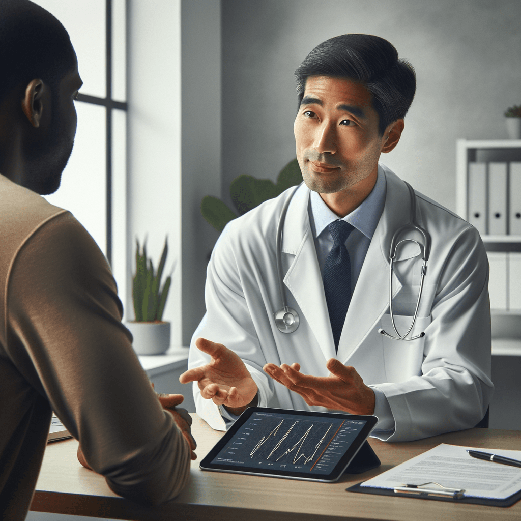 A concerned male patient in his 50s sits in a clinical setting in Maple Grove, listening as a compassionate male physician explains the long-term safety data for testosterone replacement therapy on a tablet.